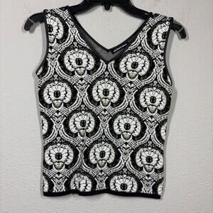 Michael Simon Petite Small Metallic Sweater Tank Black White Geometric Print
